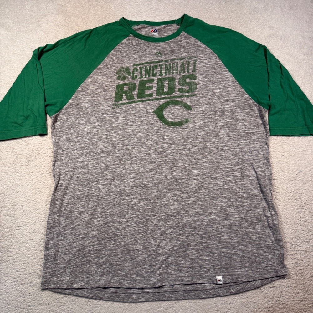 Majestic Cincinnati Reds 2XL Grey Green Raglan 3/4 Sleeve Baseball Tee Shamrock